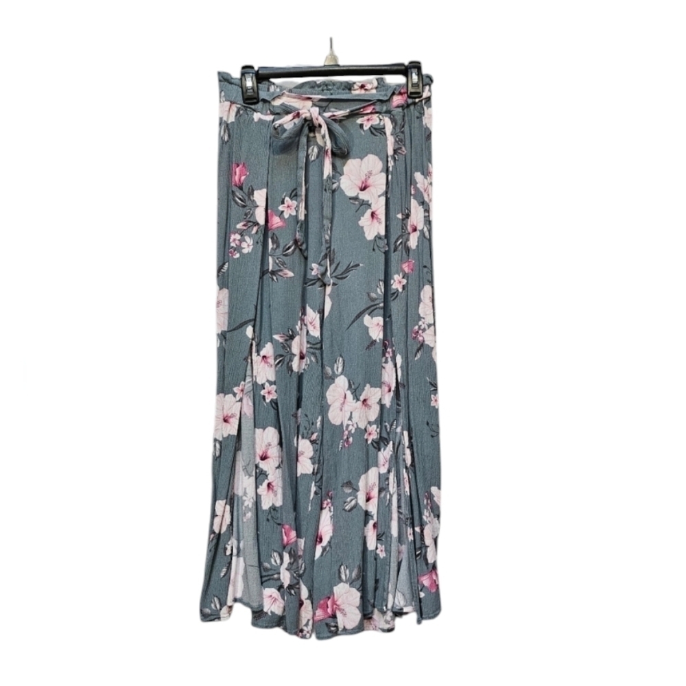 Simplee Floral Lightweight Open Leg 100% Viscose Grey Pink Pull On Pants Size L